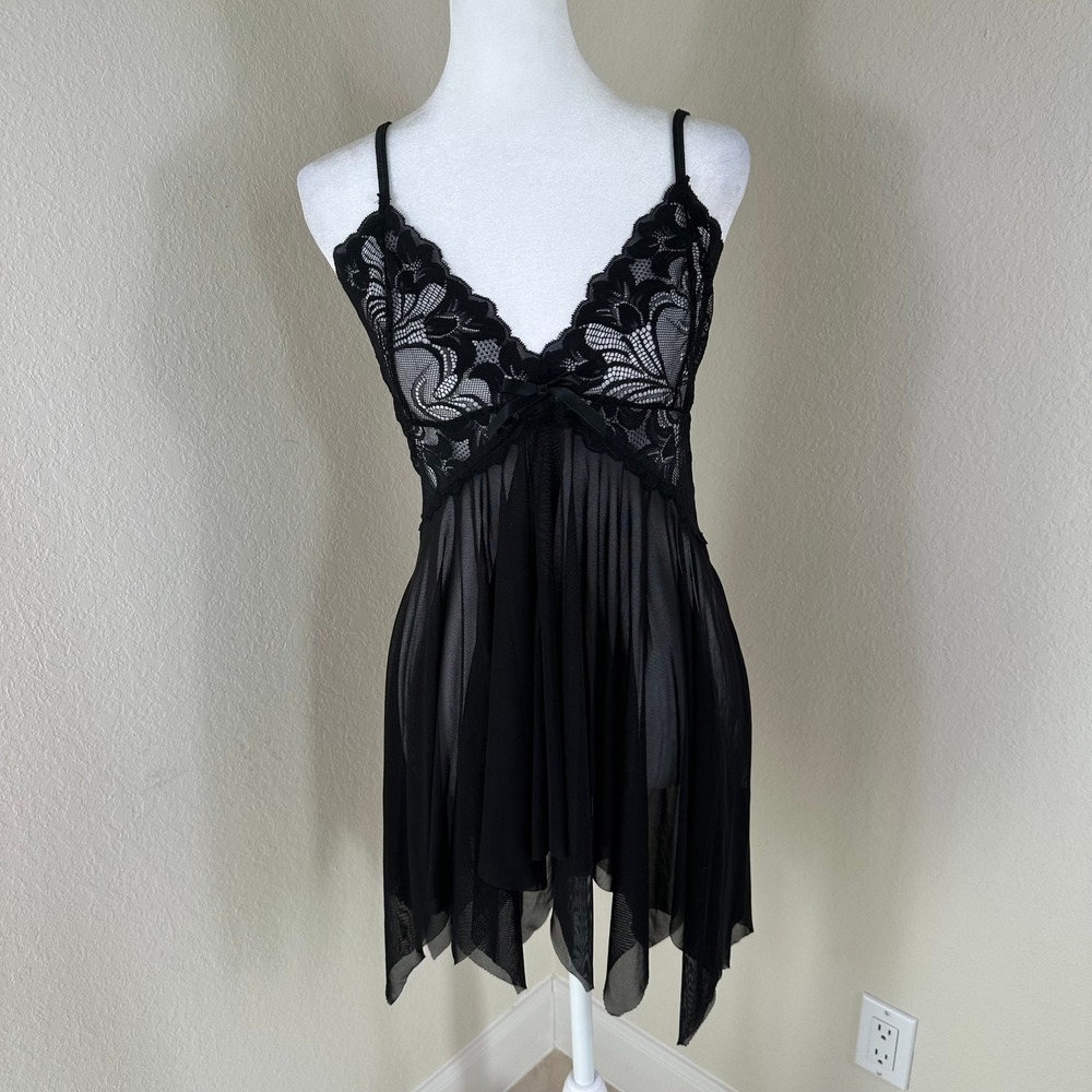 Avidlove Babydoll Chemise Women M Black Lace Mesh Lingerie Romantic Handkerchief